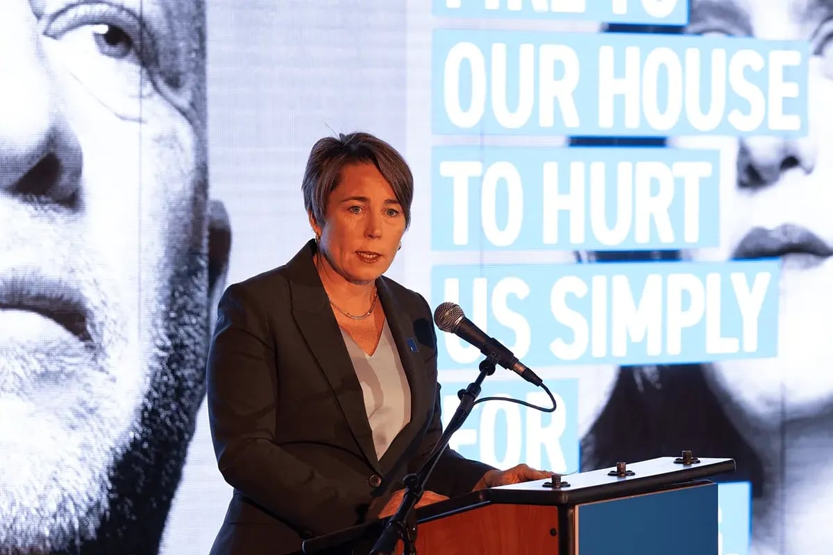 Massachusetts Governor Maura Healey speaking at an event addressing antisemitism in Greater Boston.